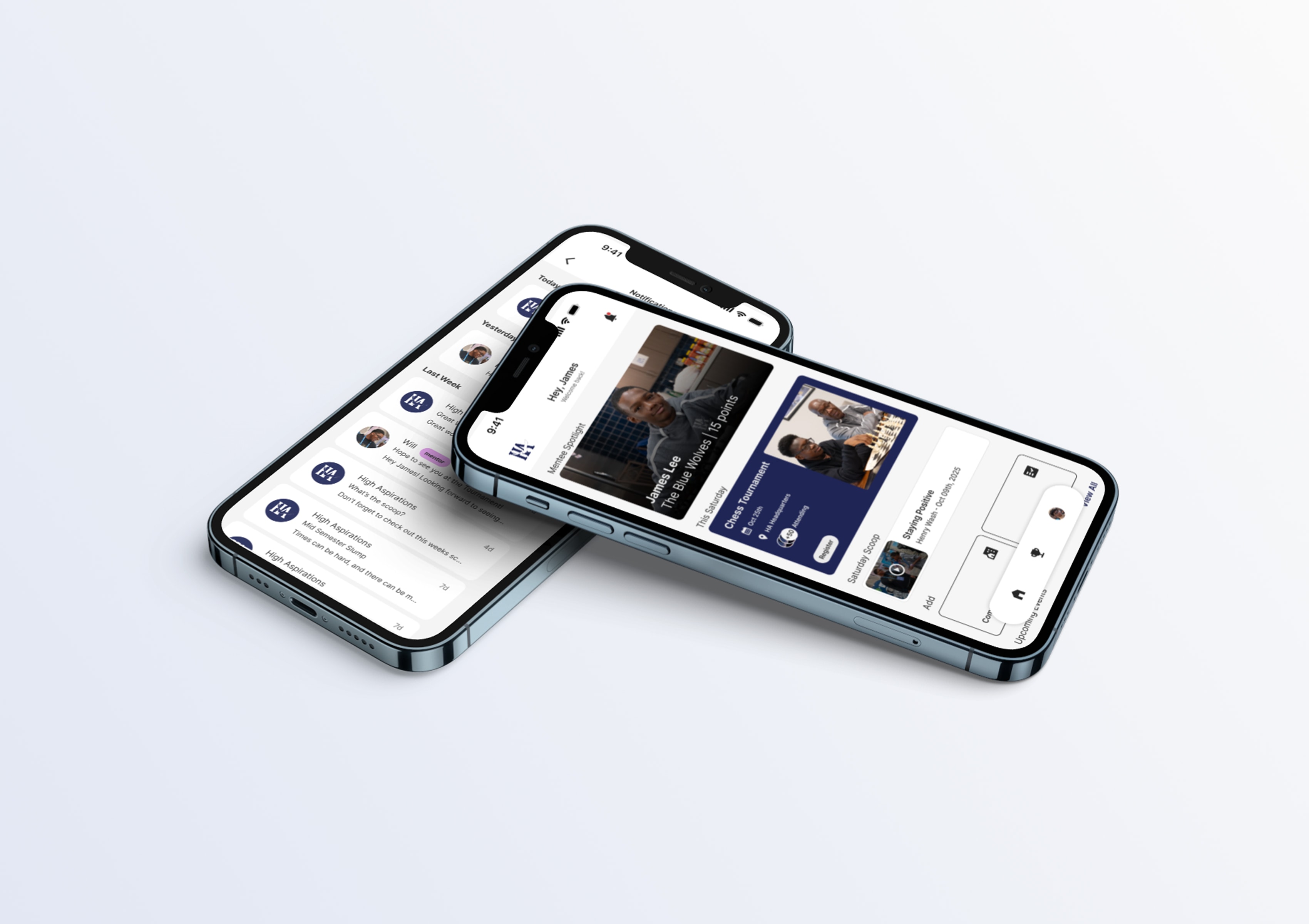 High Aspirations mobile app showing notification feed and student profile screens on two iPhones