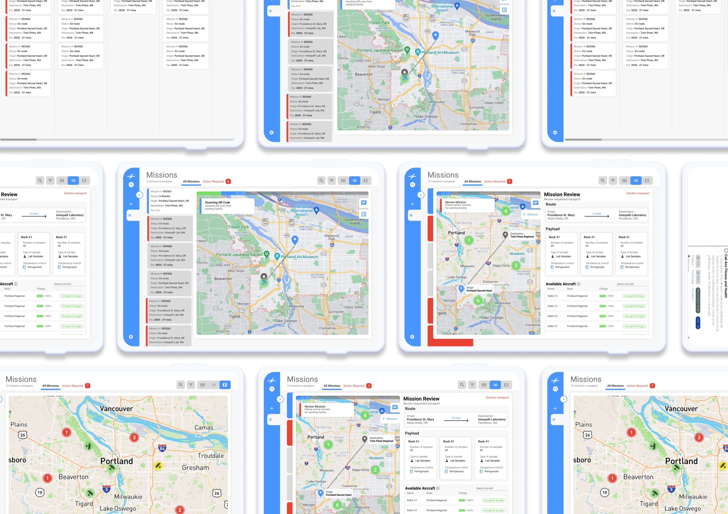 Spright mission management screens showing map view, mission list, and flight tracking across multiple tablet layouts